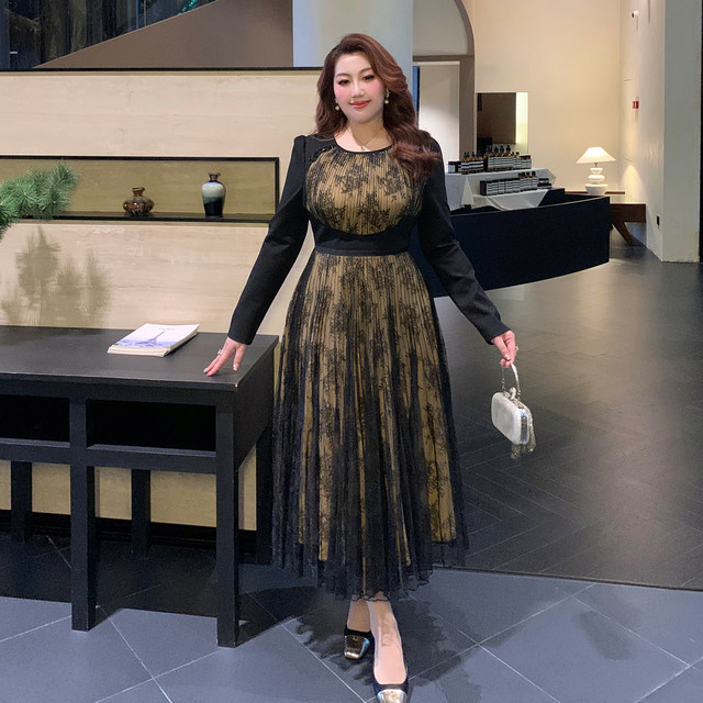 GLEC Plus Size Women's Clothing 2025 Autumn and Winter New Retro Light National Style Design Mesh Splicing Pleated Dress