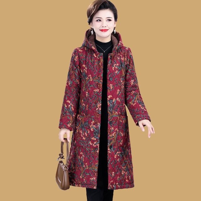 Women's mid-length cotton coat, thickened velvet, warm hooded jacket, new floral cotton jacket, middle-aged and elderly mother's cotton coat for women