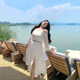 Xitonger large size women's fat mm French temperament slim and off-shoulder slit white dress vacation fairy long skirt

