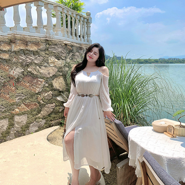 Xitonger large size women's fat mm French temperament slim and off-shoulder slit white dress vacation fairy long skirt
