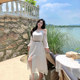 Xitonger large size women's fat mm French temperament slim and off-shoulder slit white dress vacation fairy long skirt
