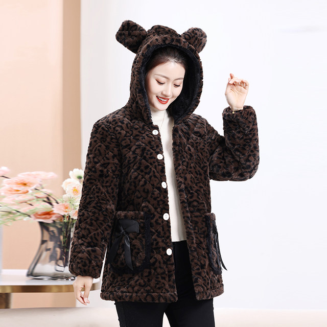 Winter short leopard print hooded small fragrant plus velvet warm cotton jacket, cotton coat, women's coat and smock