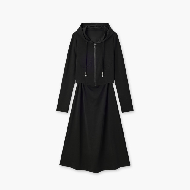 Aiju Rabbit suit skirt for women spring and autumn new hooded jacket vest skirt black two-piece dress
