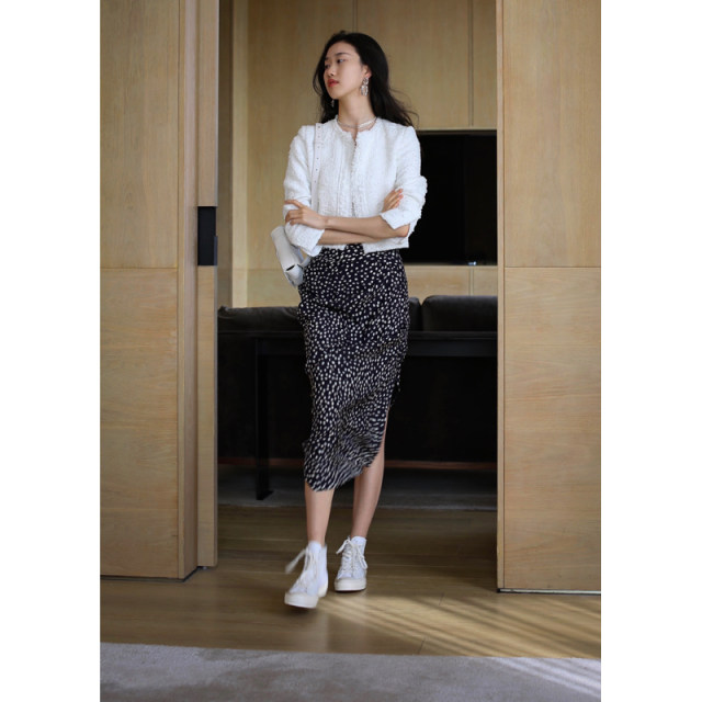 Cool Acetic Acid Polka Dot Print Medium-length Slit High-waisted Slim Hip Skirt Half Body 23246