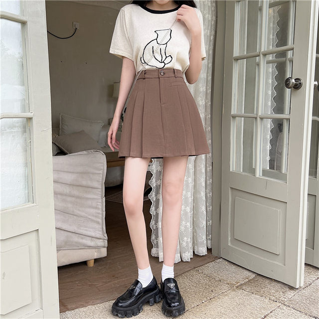 Summer women's skirt women's sweet college jk pleated skirt anti-exposure short skirt fat mm brown hip A-line skirt