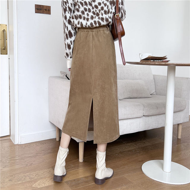 Large-size corduroy hip pocket A-line skirt camel color retro versatile skirt fat mm slim high waist midi skirt