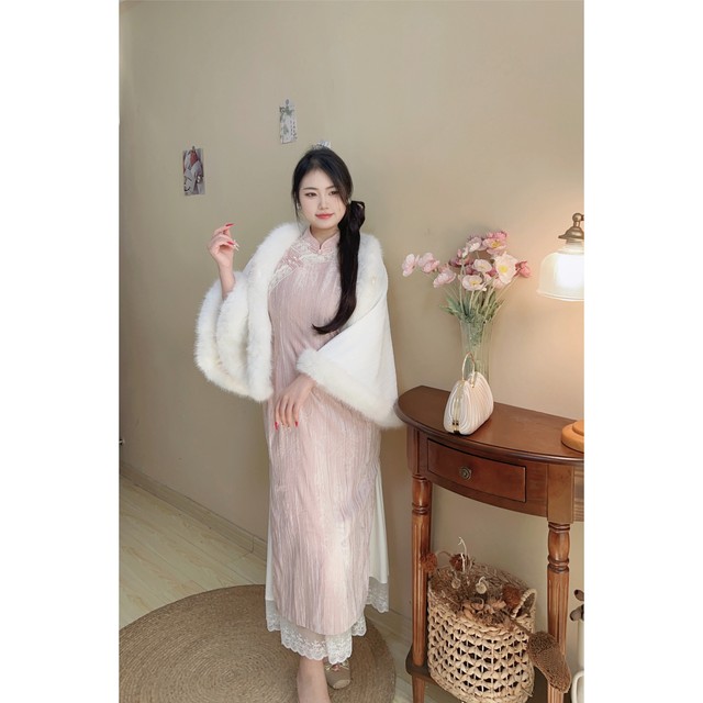 Winter plus velvet thickened noble new Chinese -style shawl shirt warm with cheongsam cloak girl