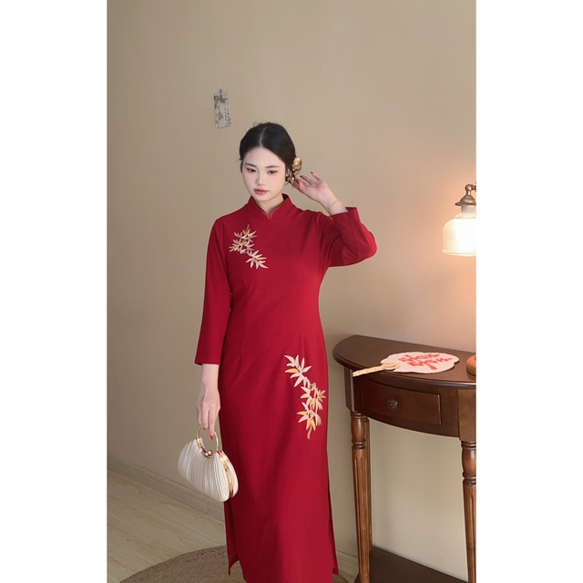 Fenghua autumn new red festive bamboo leaf embroidery large size fat mm cheongsam dress wedding