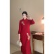 Fenghua autumn new red festive bamboo leaf embroidery large size fat mm cheongsam dress wedding