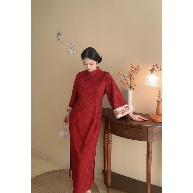 Cinnabar New Chinese Style Red Engagement Large Size Fat mm Cheongsam Embroidered Dress Toast Wear Jacquard