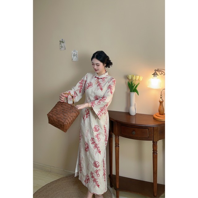 
Primrose Red New Chinese Style Natural Cotton and Line Engagement Red Embroidered Large Size Fat mm Cheongsam Dress