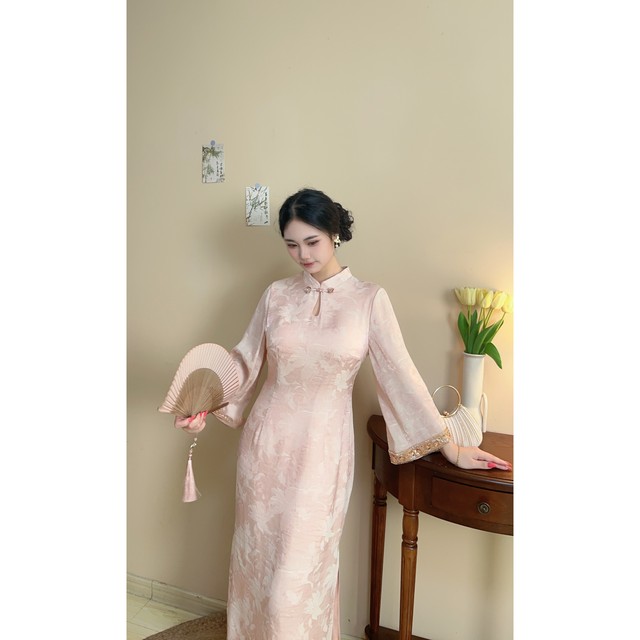 Sweet Tea New Chinese Pearl Jacquard New Chinese Improved Edition Cheongsam Large Size Fat mm Gentle Girl