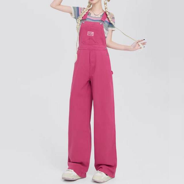 Sweet and cool raspberry pink denim overalls for women in spring and summer new dopamine wear straight wide-leg floor jumpsuit