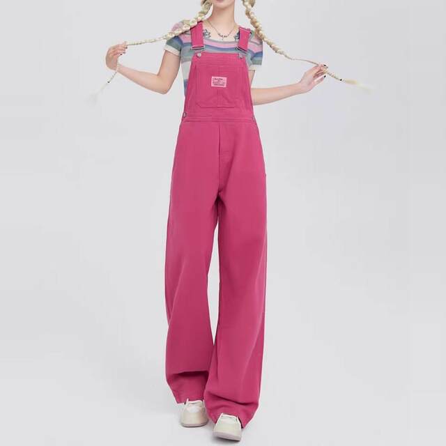 Sweet and cool raspberry pink denim overalls for women in spring and summer new dopamine wear straight wide-leg floor jumpsuit