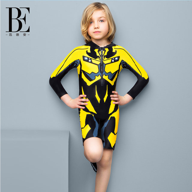 BE Fan De'an one-piece swimsuit boxer children's boys long-sleeved sun protection mecha print animation swimming middle child