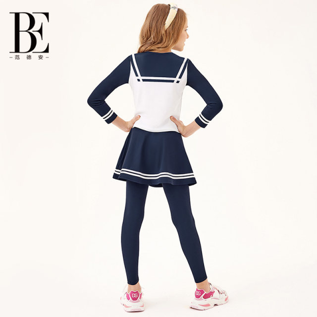 BE van der An 2025 Children's split swimsuit girl girls long sleeves trousers sun protection fake two-piece navy collar
