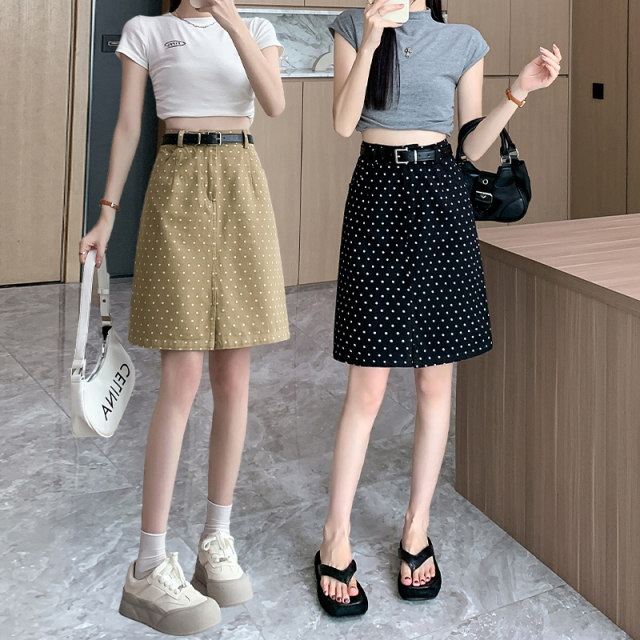 Black polka dot slit denim skirt for women in spring and summer large size American retro niche skirt for slim hip midi skirt