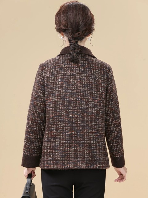
Q75009 New Mom Winter Short Plaid Woolen Jacket Middle-aged and Old Women Spring and Autumn Collared Fashion Woolen Tops