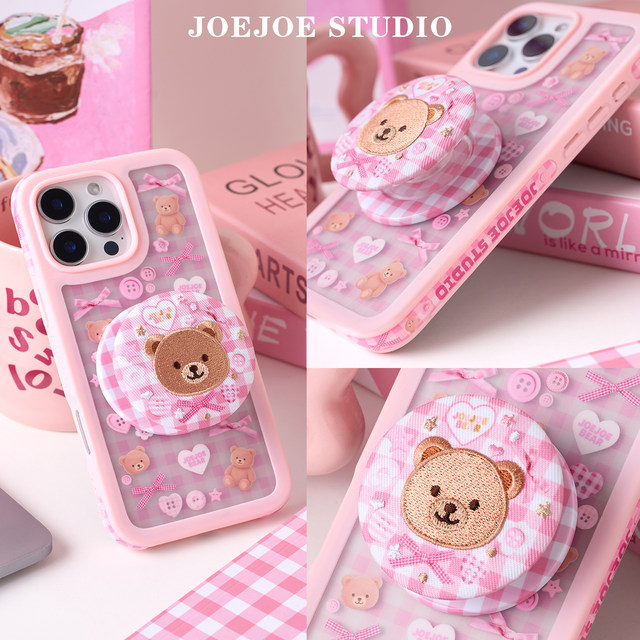 
JOEJOE original button bear suitable for Apple17Pro Apple iphone17proMax mobile phone case 16Pro new female 15 magnetic stand protective shell 14/14 mobile phone case plaid cute