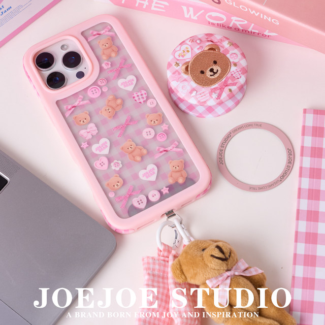 
JOEJOE original button bear suitable for Apple17Pro Apple iphone17proMax mobile phone case 16Pro new female 15 magnetic stand protective shell 14/14 mobile phone case plaid cute