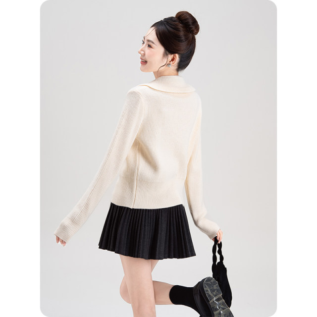 Polka dot tie doll collar milky white knitted cardigan sweater for women spring and autumn new small age-reducing long-sleeved top