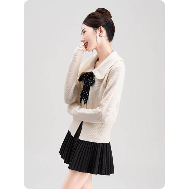 Polka dot tie doll collar milky white knitted cardigan sweater for women spring and autumn new small age-reducing long-sleeved top