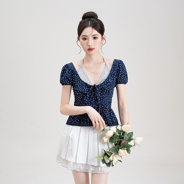 Nizvi navy polka dot polka short-sleeved shirt for women in summer new fake two-piece halter lace splicing top