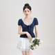 Nizvi navy polka dot polka short-sleeved shirt for women in summer new fake two-piece halter lace splicing top