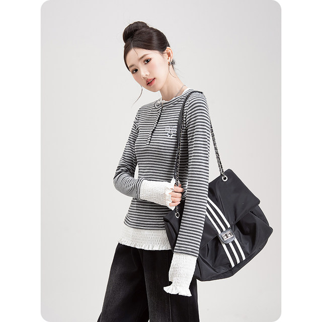 Nizvi grey striped embroidered long-sleeved T-shirt spring new women's spliced ​​slim fit fake two-piece base top