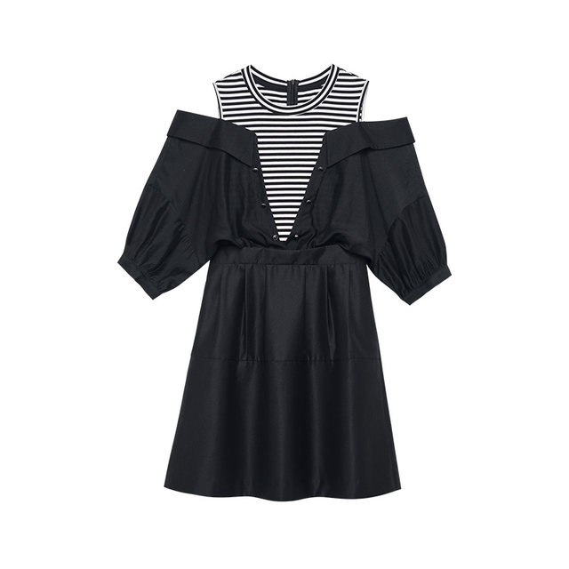 Yuxiangfei off-shoulder dress female temperament commuting spring fashion fake two-piece spliced ​​round neck seven-quarter sleeve A-line skirt