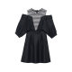 Yuxiangfei off-shoulder dress female temperament commuting spring fashion fake two-piece spliced ​​round neck seven-quarter sleeve A-line skirt