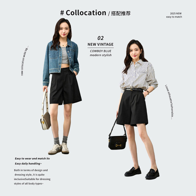Yalida 2025 new Bermuda shorts female spring and summer casual pants black A -shaped pants pants pants pants
