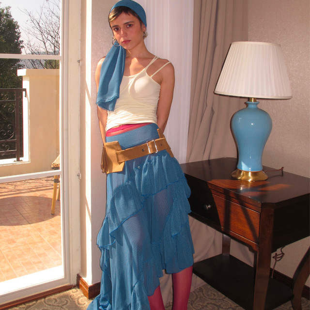 AXIS OF Flamingo retro blue irregular long skirt piled with pleated slightly transparent a-line mesh skirt