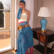 AXIS OF Flamingo retro blue irregular long skirt piled with pleated slightly transparent a-line mesh skirt