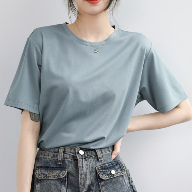 Blue loose Korean style front shoulder round neck pure cotton short-sleeved T-shirt for women in summer 2025 new small half-sleeved top