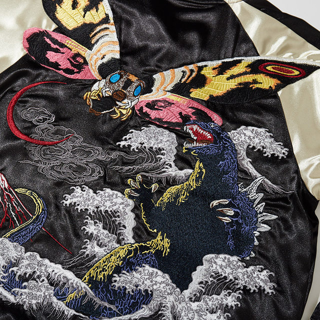 thumbnail image 2 of Godzilla Sukajan Satin Jacket - Mothra Embroidery, Black, M-3XL 2 of 6