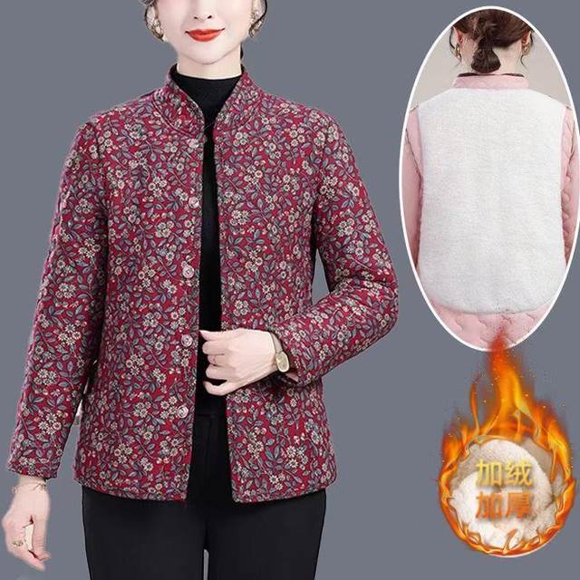 Mom's new winter thickened cotton coat and jacket, loose and warm camel hair cotton coat for middle-aged and elderly people, plus velvet floral jacket