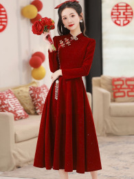 Red Cheongsam toast Woman 2023 Autumn and Winter Little Bride Back to the Door Wedding Dresses