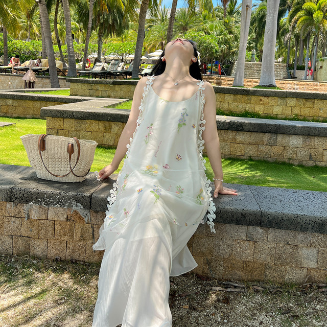 DM100 large size 100% women's clothing summer fat mm sweet seaside vacation mesh embroidered floral suspender dress