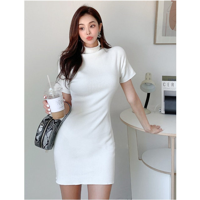 High neck short-sleeved dress with slim fit and slim temperament simple and versatile solid color short skirt wool base skirt spring and autumn
