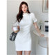 High neck short-sleeved dress with slim fit and slim temperament simple and versatile solid color short skirt wool base skirt spring and autumn
