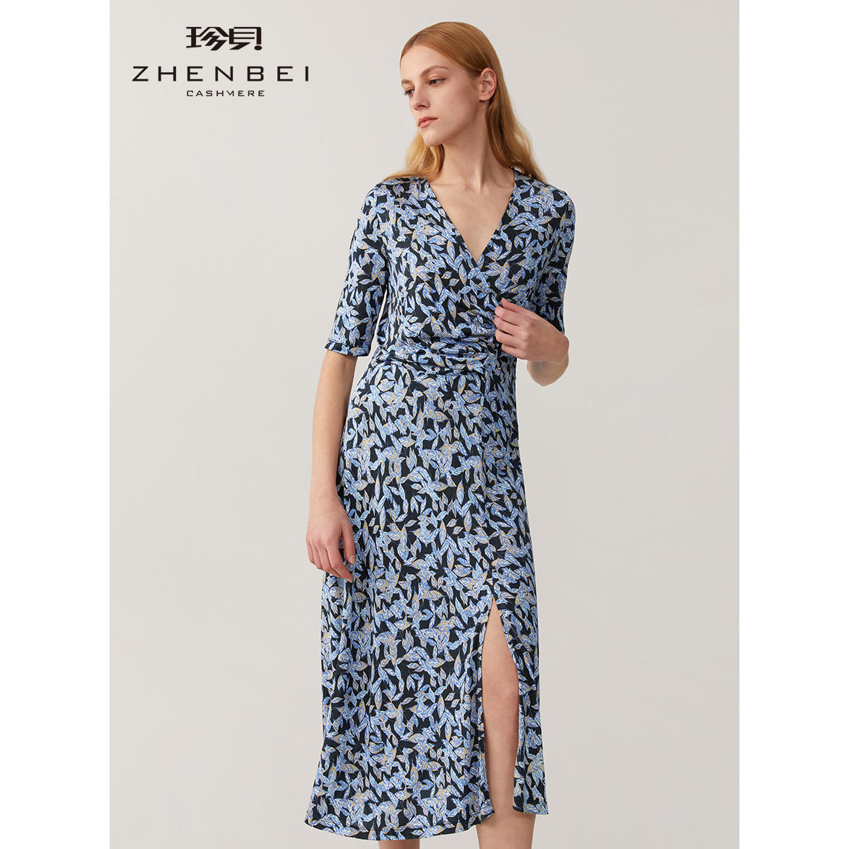 zb/珍贝v领短袖印花针织真丝连衣裙2022夏季新款茶歇裙中长裙317