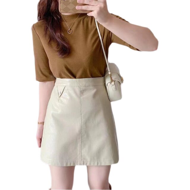 2023 Autumn New Products Korean Desle Washing PU Leather High waist A -line skirt Anti -light short skirt Fast and thin