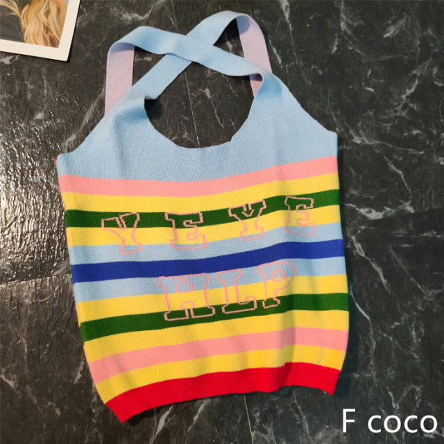 Rainbow color cross letter knitted vest suspender women 2025 summer new casual high waist live broadcast American back foreign trade