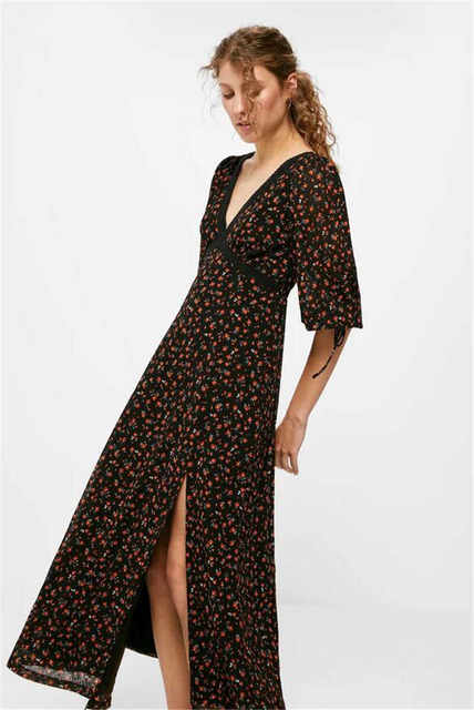 European Station Retro printed slit slightly exposed pleated women's florals in spring and autumn new high-waisted large swaying hips covering A-line long skirt