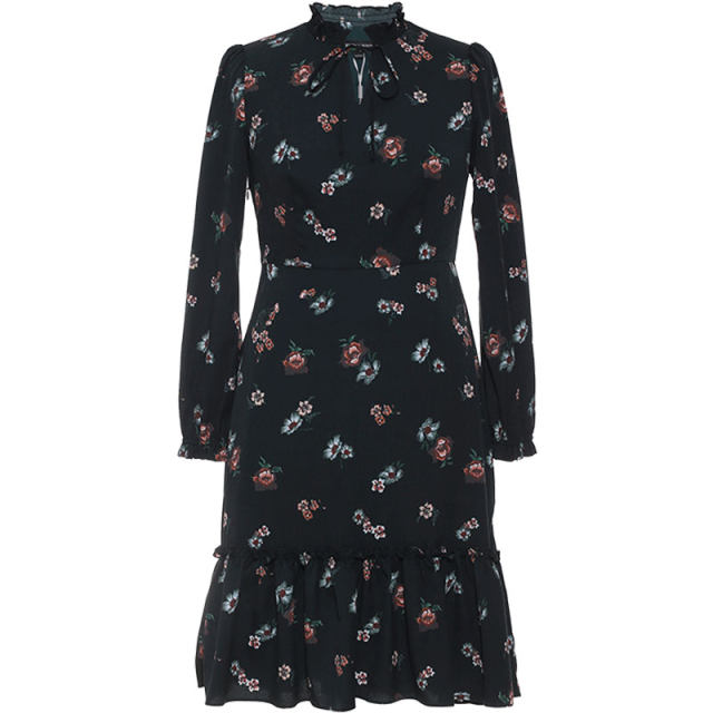 Monsoon lady straps, small turtleneck, ruffled skirt, hem, waist-hugging, slim print dress for women 8893LA102