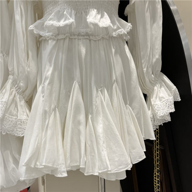 French gentle ruffled lace folded white shirt 2023 spring lace-up one-length off-shoulder hottie top