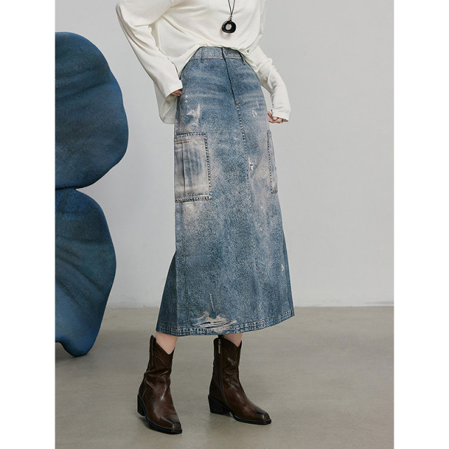 Chuyu Cold transfer printed cloud denim skirt women's 2025 retro high waist long skirt tall skirt
