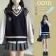 Fat MM200Jin [Jin is equal to 0.5kg] extra large size suit spring and autumn college style striped knitted sweater vest with shirt pleated skirt