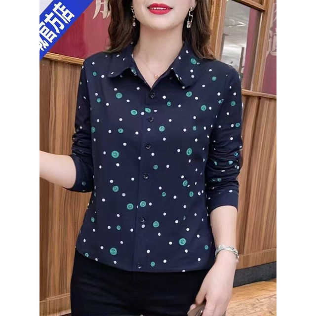 
Autumn new style fashionable and versatile mother suit women's fashionable lapel pure cotton long-sleeved T-shirt loose and slim bottoming shirt A5